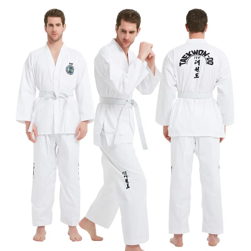 ITF võ phục Taekwondo Trắng tkd dobok quần áo trẻ em Unisex võ thuật đào tạo Bộ