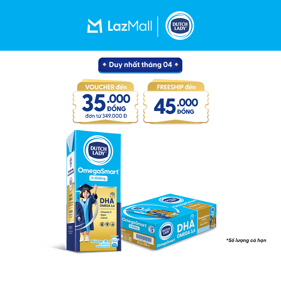 Thùng 48 Hộp Sữa Dinh Dưỡng Ít Đường Dutch Lady OmegaSmart 48x180ml cho trẻ trên 1 tuổi