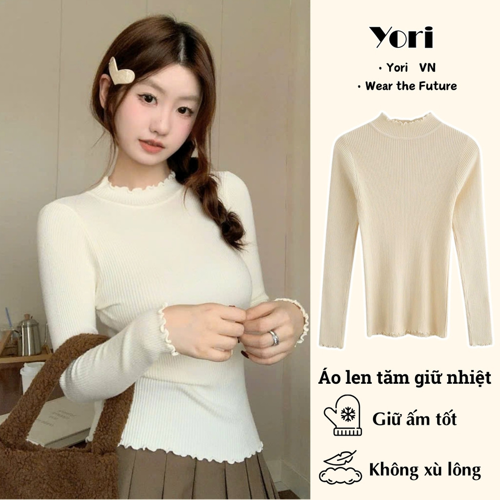 Áo len nữ Hàn Quốc YORI Thiết kế ôm body Áo len cổ bèo giữ nhiệt cổ 3 phân đủ màu trắng đen nâu
