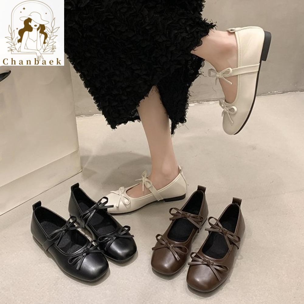 CHANBAEK Đế mềm Giày đế bằng thắt nơ Màu trơn Da PU Giày đế bằng ba lê đơn giản Thời trang Ngọt ngào Giày lười Phụ nữ