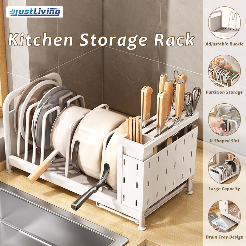 JustLiving Carbon Steel Pot Drying Rack with Drainboard Adjustable Spacing Kitchen Rack Multi-Functional Chopsticks Drying Rack Space-Saving Organizer for Lids for Kitchen Counter Kitchen Accessories ราคา 2,381 บาท*ส่งฟรี