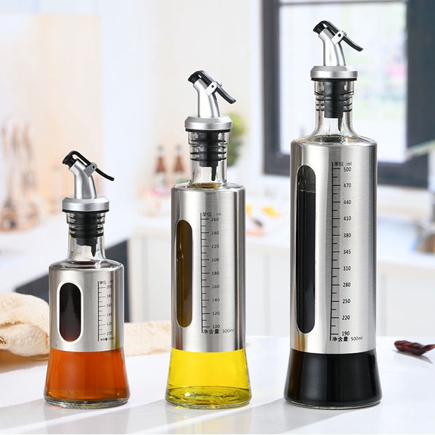 Chai đựng dầu ăn nước mắm, Bình thủy tinh bọc inox cao cấp 250-350-600 ml