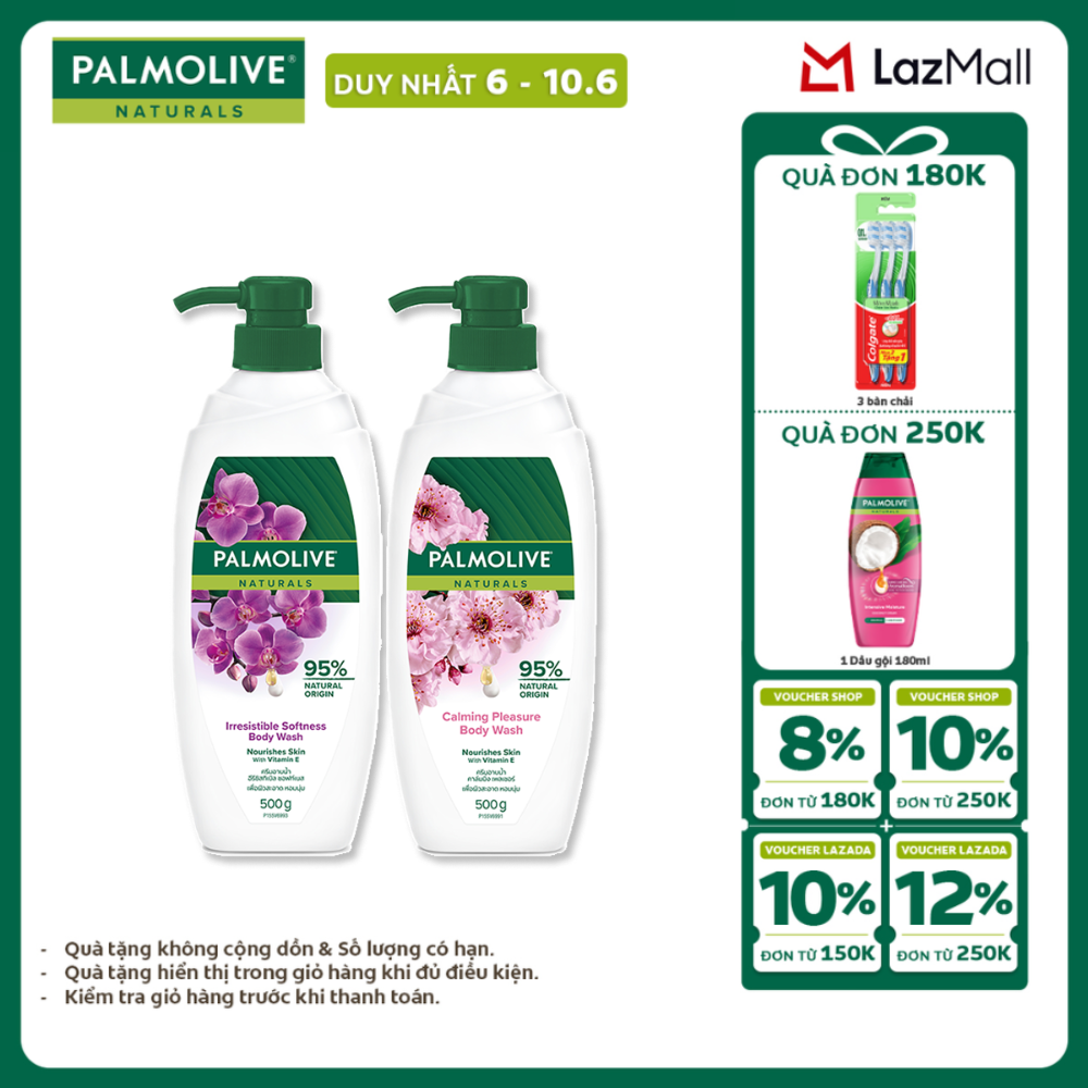 [Chỉ 6-10.6_X2 Voucher giảm 22%] Bộ 2 Sữa tắm Palmolive dưỡng ẩm chiết xuất thiên nhiên dưỡng da ẩm mịn 500gx2 - Hoa Lan và Hoa Anh Đào