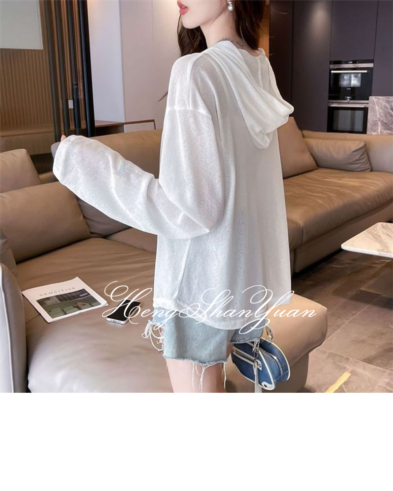 Hengshanyuan Áo khoác chống nắng Áo cardigan dệt kim trùm đầu có dây kéo rộng thường ngày cho Nữ