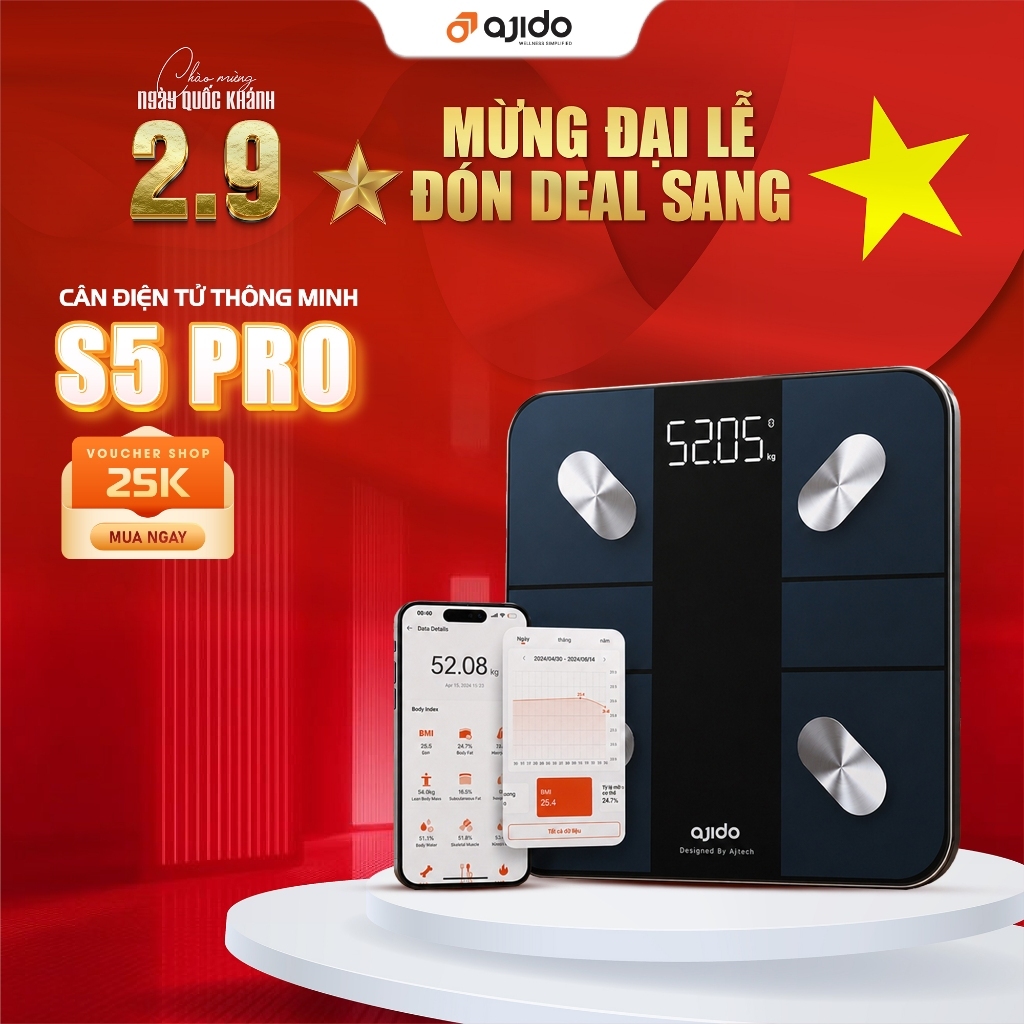 Cân Điện Tử Sức Khỏe Thông Minh AJIDO S5 PRO Phân Tích Inbody Đo 20 Chỉ Số Cơ Thể Kết Nối Bluetooth Với App Ajido Health