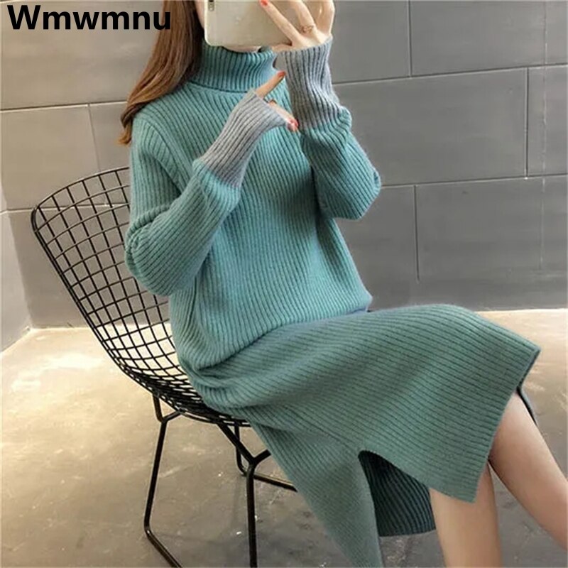 Xinrong Áo len cổ lọ dày Đầm dệt kim lỏng thanh lịch thẳng Đầm midi ấm áp thường ngày vestidos mujer áo choàng dệt kim mùa thu đông