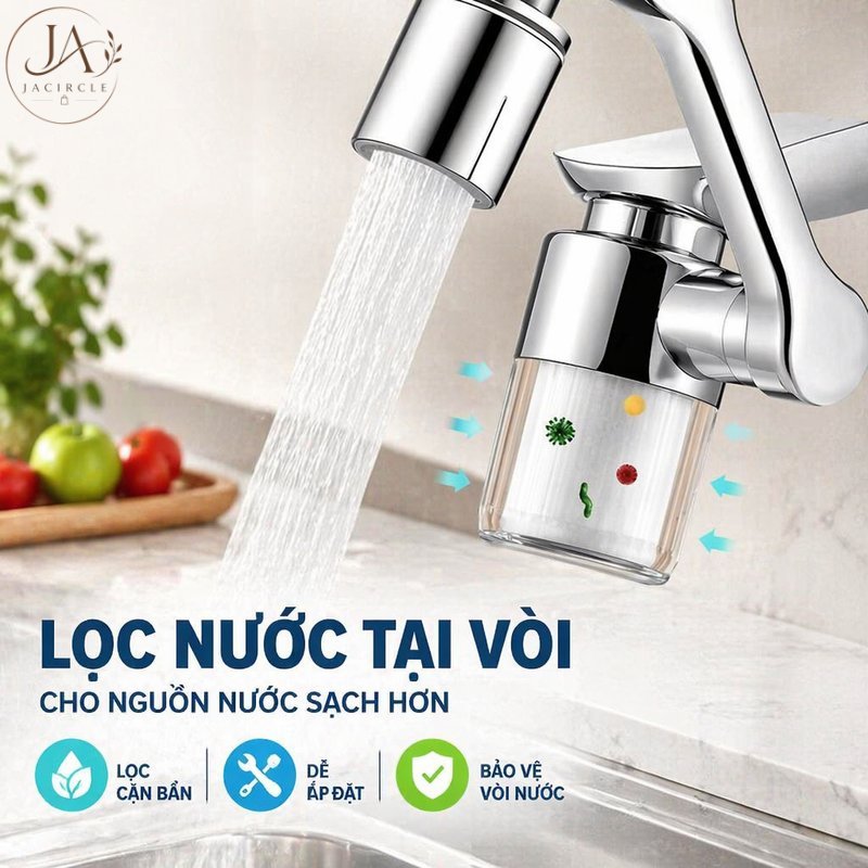 JACIRCLE đầu lọc nước vòi xoay 1440 độ đồng thau chống gỉ tăng áp 2 chế độ phun lọc cặn dùng cho bồn rửa bếp