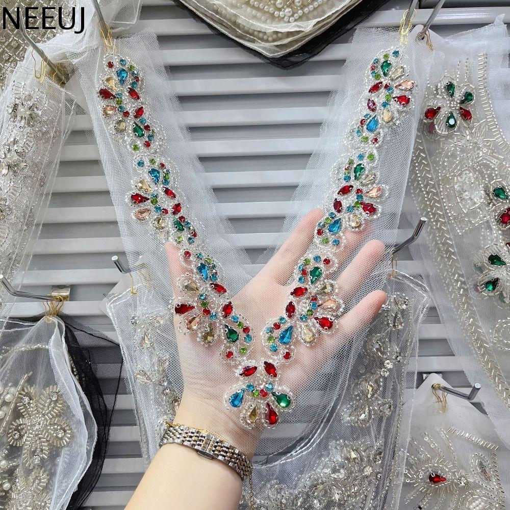 NEEUJ Kim cương giả Cổ áo ren Thủ công tự làm Cổ chữ V Đường viền cổ áo ren Thanh lịch Đính cườm Cổ 