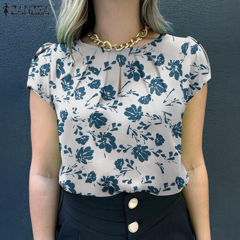 Celmia ZANZEA Womens Elegant Workwear Shirt Blouse Floral Printed Cutout O-Neck Top Pullover #12 ราคา 152 บาท*ส่งฟรี