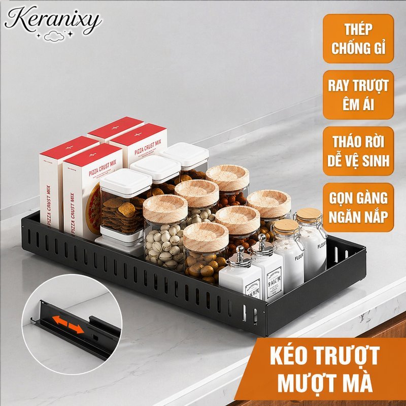 Keranixy Giá để nồi chảo ray trượt kệ sắp xếp bếp thép carbon chống gỉ lắp tủ kéo ra tiết kiệm diện tích