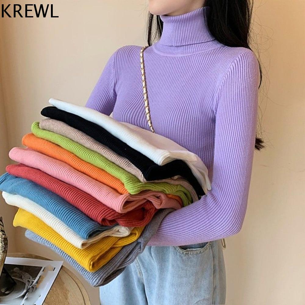 KREWL Dài Tay Áo len cổ lọ gấp gọn Đàn hồi Mỏng Áo Sơ Mi Nữ mặc lót Ấm áp mềm mại Áo màu trơn Áo chui đầu dệt kim cơ bản Thu Đông