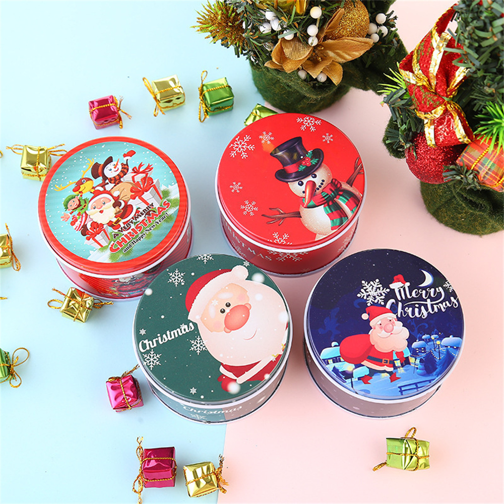 Christmas-themed Christmas candy box Compact Metal Round Metal tinning can Iron Tinning Gift storage box for Christmas decorations Gift packaging Home organization Parties and events Suitable for all ages
