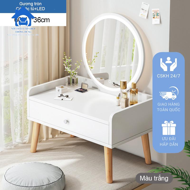 Bàn trang điểm ngồi bệt có hộc tủ, gương kèm đèn LED hiện đại, sang trọng