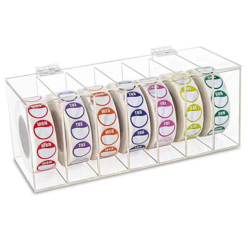 (JHWU) Acrylic Day of the Week Covered Label Dispenser 7-Slot Dispenser Day of the Wall Mount Sticker Roll Dispenser ()
