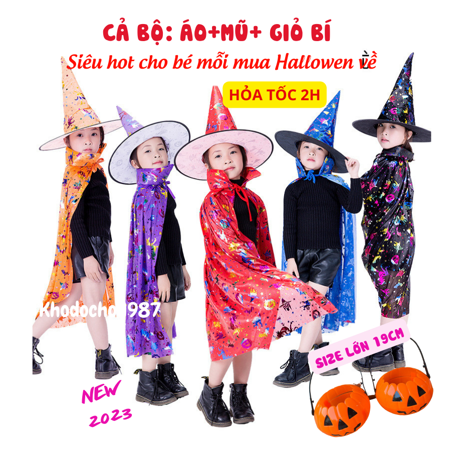 (new2023) Combo áo choàng, giỏ bí ngô, mũ phù thủy 80cm, 120cm hoá trang HALOWEEN cho bé trai, bé gái