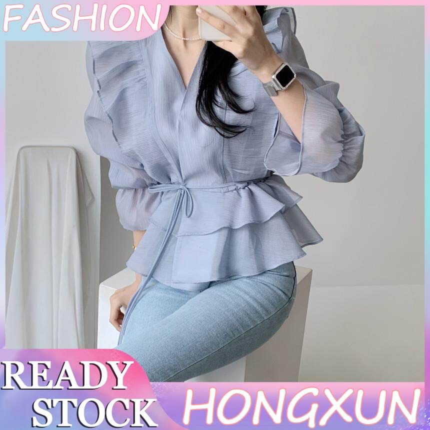 Hongxun chéo v-cổ Tie eo hai lớp xù tay áo loe áo chống nắng của phụ nữ