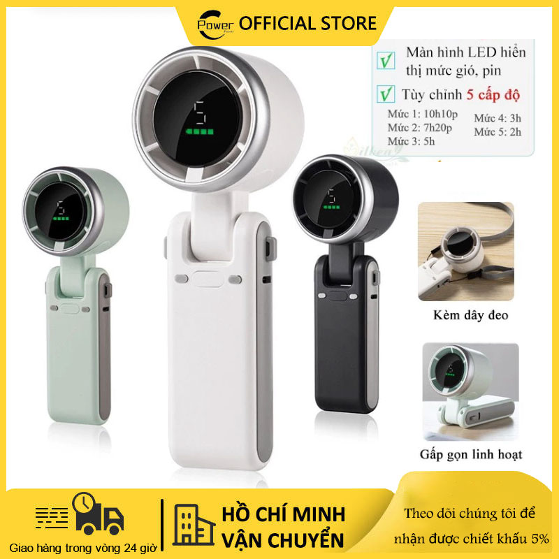Quạt Cầm Tay Tích Điện Gió Mạnh Turbo Công Suất 7W 5 Cấp Độ Gió Kèm Dây Đeo Cổ N607
