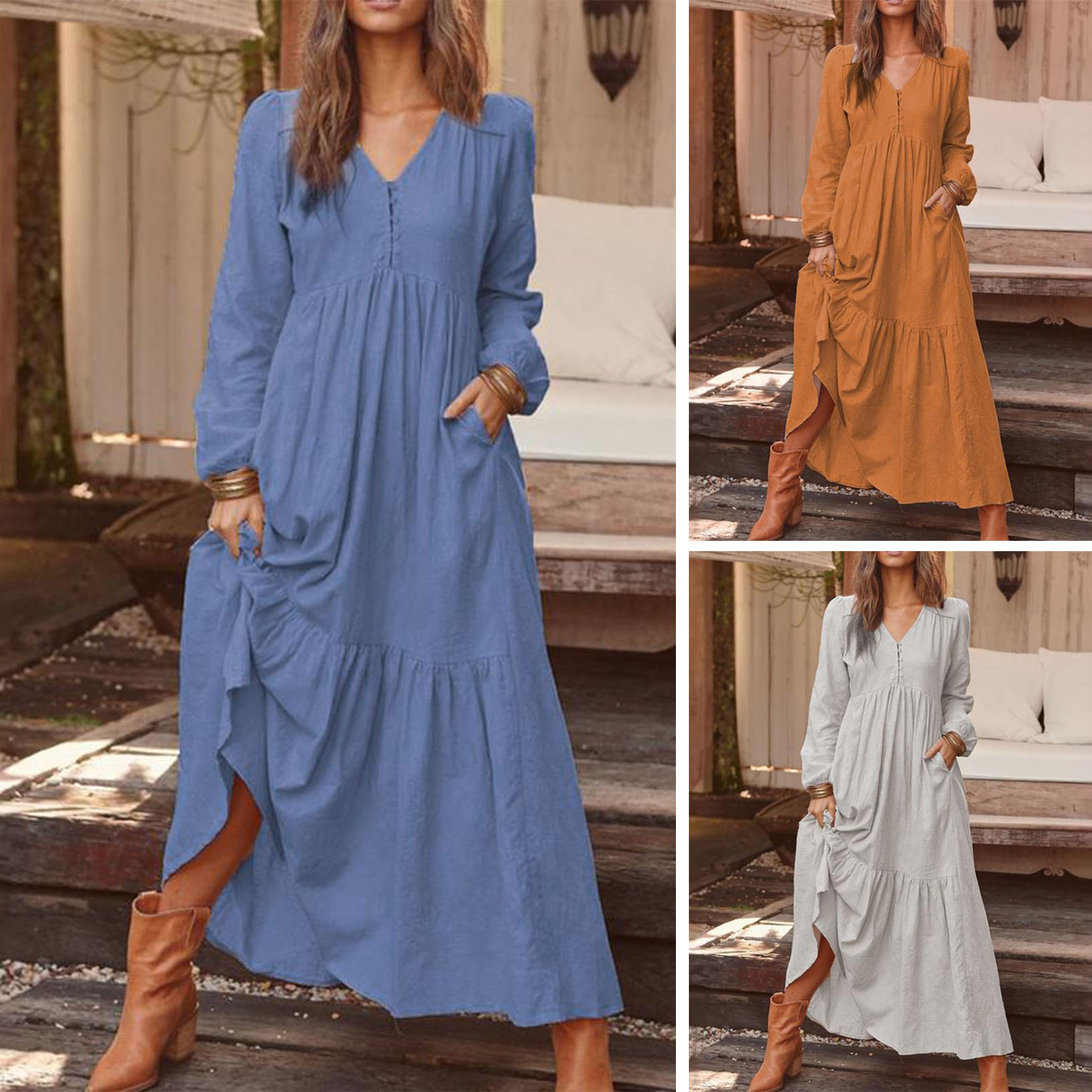 Shemi vải lanh bông nữ Ăn Mặc Giản Dị Lỏng Cắt Ăn Mặc Boho Sang Trọng Bông Linen Ăn Mặc Với V Cổ Và Ruffle Chi Tiết Flowy Và dài tay ngoại cỡ Đầm dáng xòe Cho Phụ Nữ