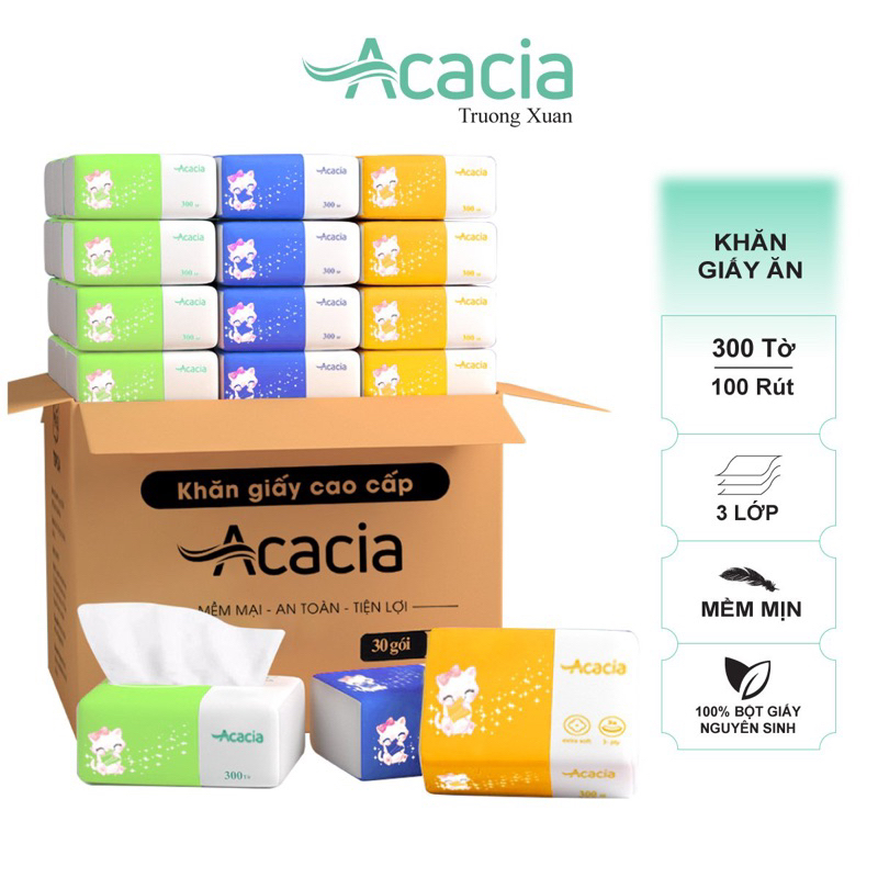 Giấy ăn rút Acacia Kitty -Thùng 30 gói 3 lớp siêu dai, an toàn sử dụng cho mẹ và bé