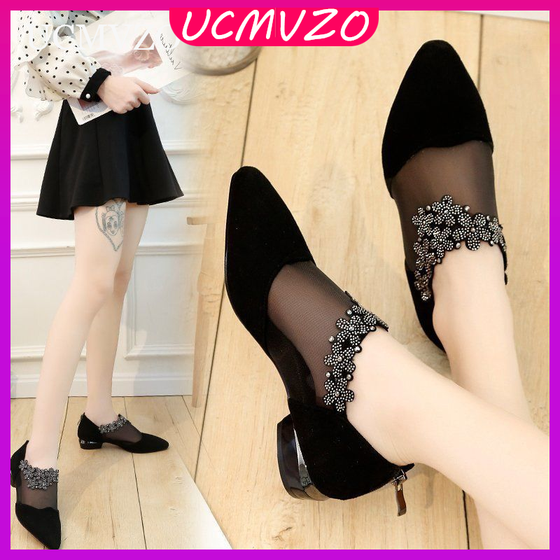 UCMVZO Elegant Women'S Mid Heel Sandals with Rhinestone Embellishment Pointed Toe Mesh Slip-On Shoes Polyurethane Upper/Inner Rubber Sole Zipper Closure - All-Season Comfort Footwear ราคา 542 บาท*ส่งฟรี