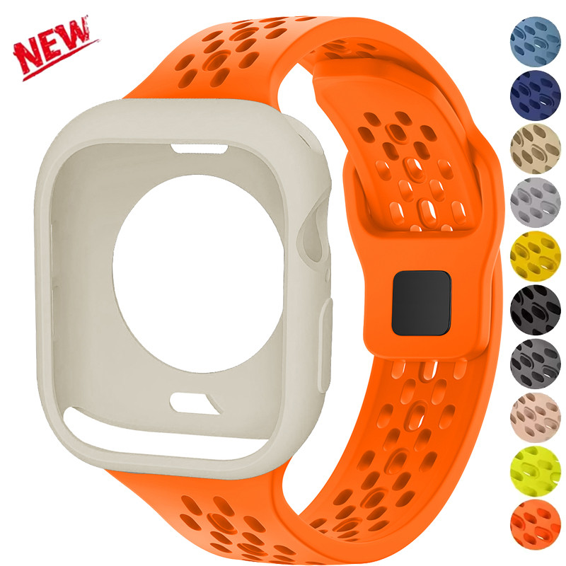 สายซิลิโคนกีฬา + เคส เข้ากันได้กับ Apple Watch Ultra 49mm 46mm 45mm 44mm 41mm 40mm 42mm 38mm Watch Series 10 9 8 7 6 5 4 SE 2 3 ราคา 77 บาท*ส่งฟรี