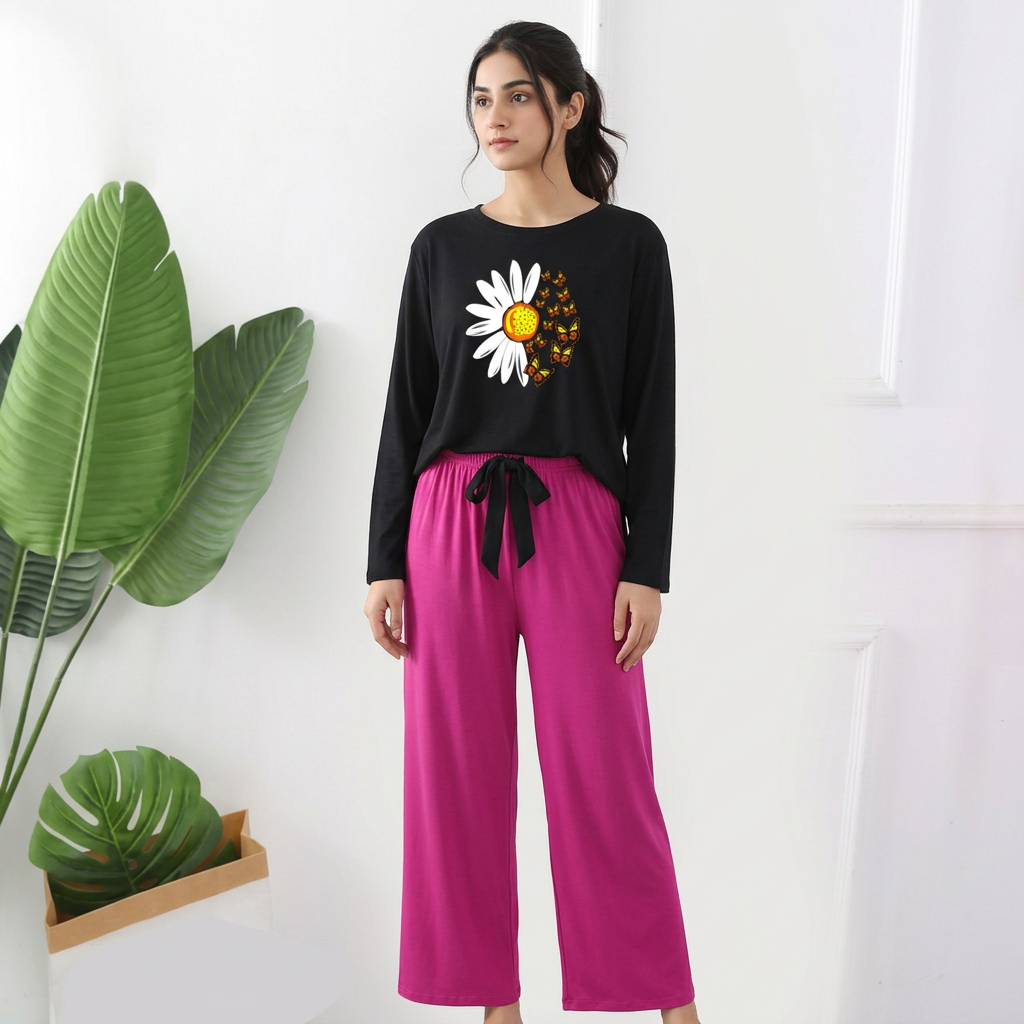 Sun Flower 2 Piece Full Sleeves Lounge Wear Night Suit with Extra Wide Pajamas - Stylish Sleepwear Set For Women & Girls, Premium and Comfy stuff for all season dress for women, nght wear, long t-shits top tank, trouser, pajama