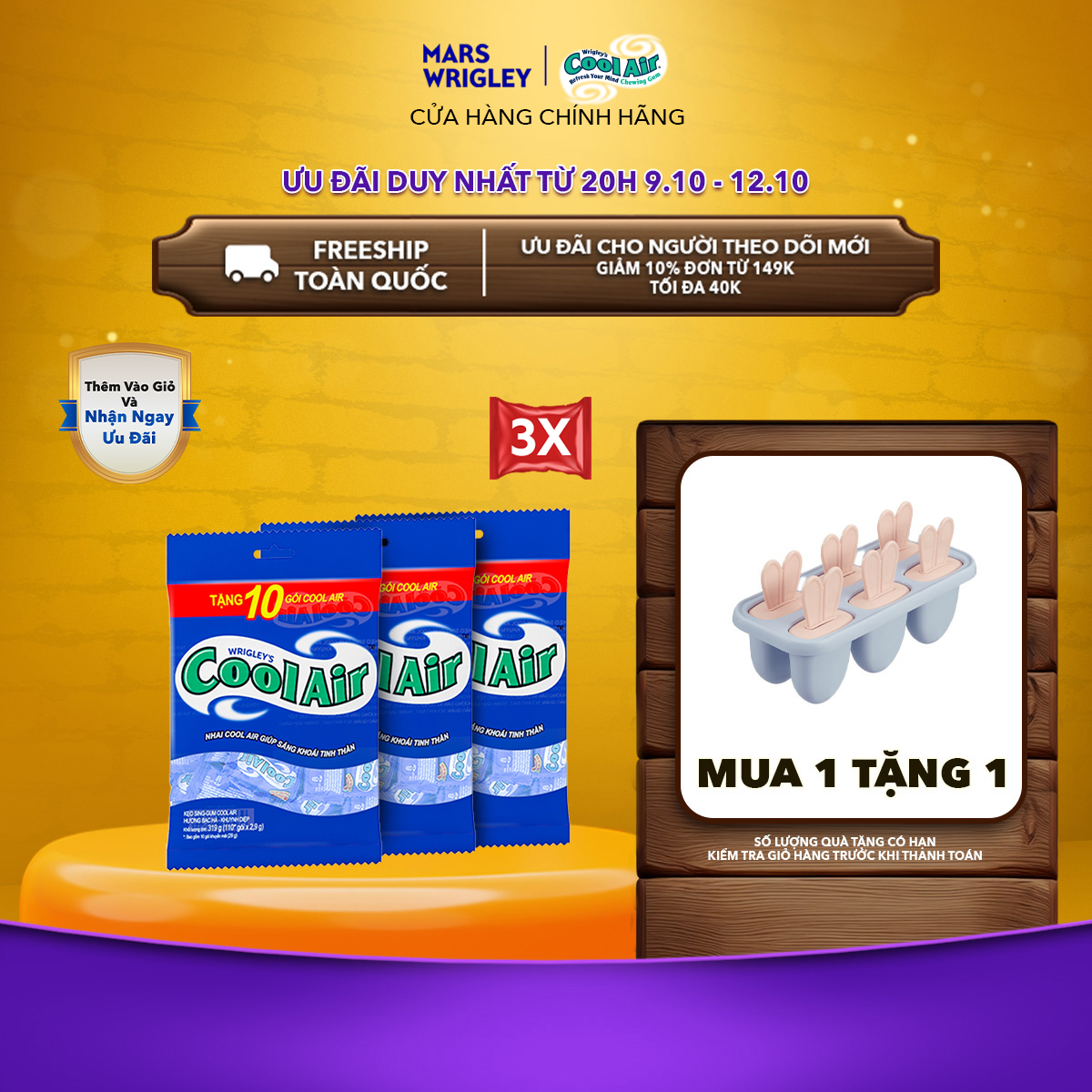 [300 gói tặng 30 gói] Combo 3 Túi Kẹo Sing-Gum Cool Air Hương Bạc Hà - Khuynh Diệp Túi (Túi gồm 300 + 30 Gói x 2 Viên Kẹo)