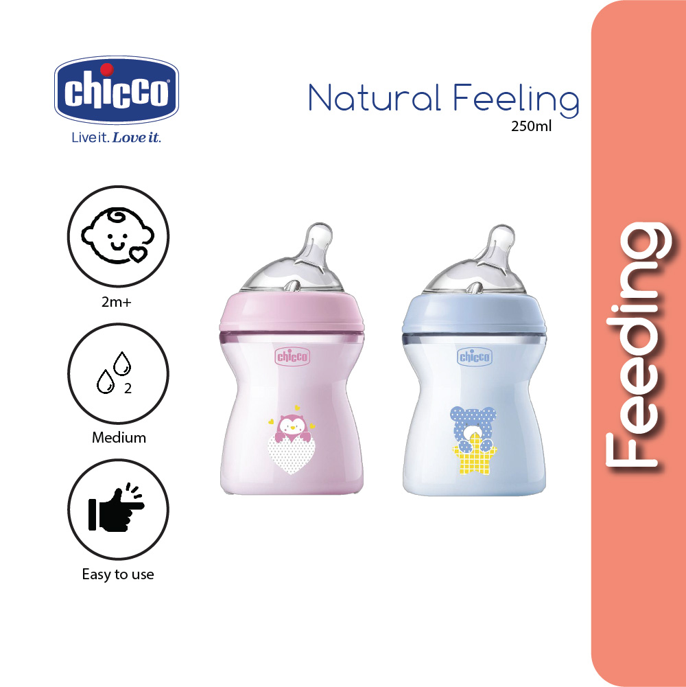 Chicco Natural Feeling PP Anti-Colic Feeding Bottle 150ml/ 250ml/ 330ml (Pink/Blue) -1pcs