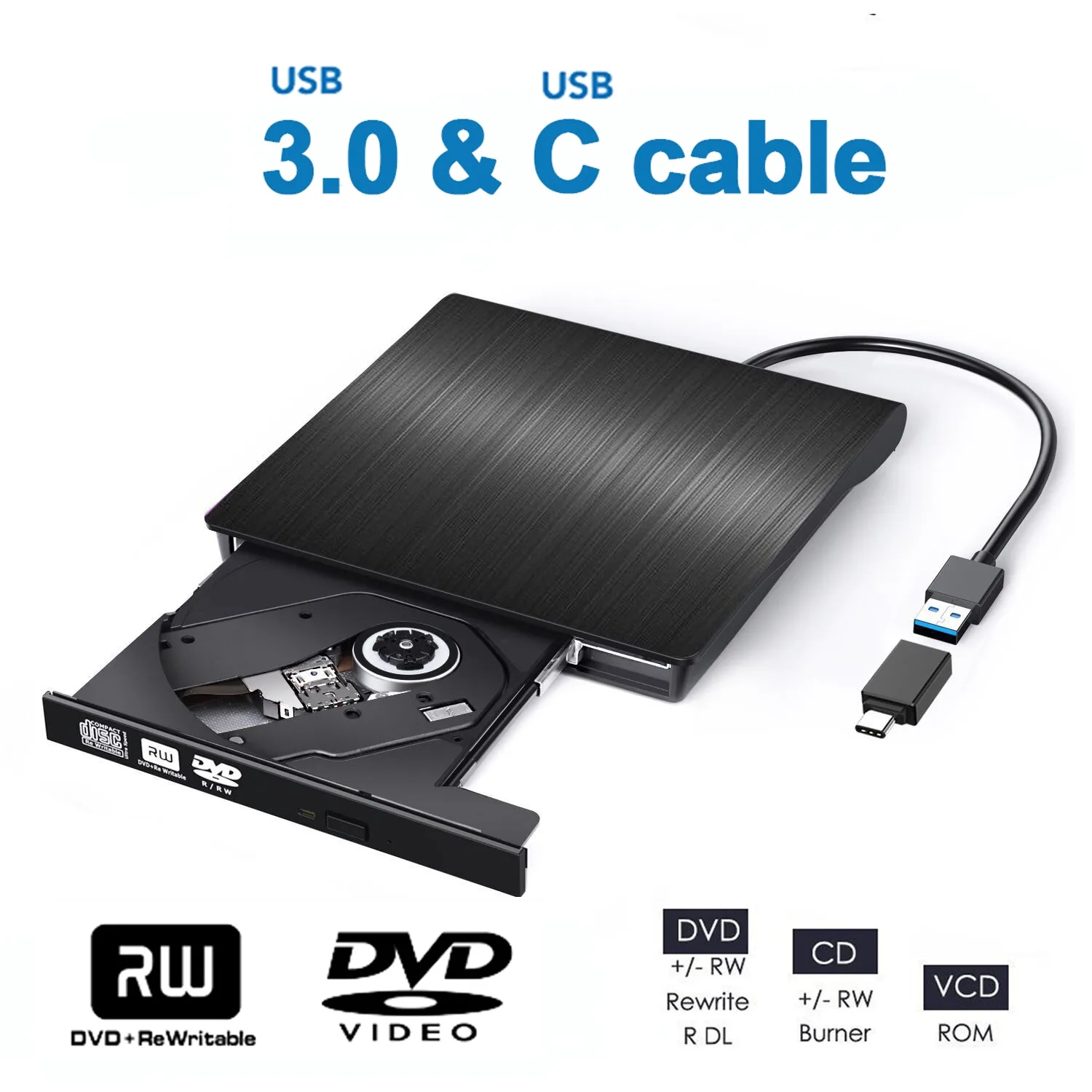 Cáp USB 3.0 Loại C Portable CD DVD RW Drive Burner Đầu ghi quang học Máy để bàn tương thích với máy tính xách tay i