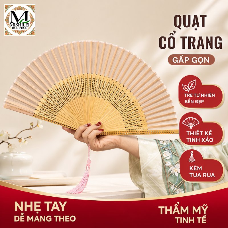 Mishilei Quạt xếp tre cầm tay quạt nan tre phong cách cổ trang tua rua trang trí biểu diễn múa chụp ảnh đạo cụ