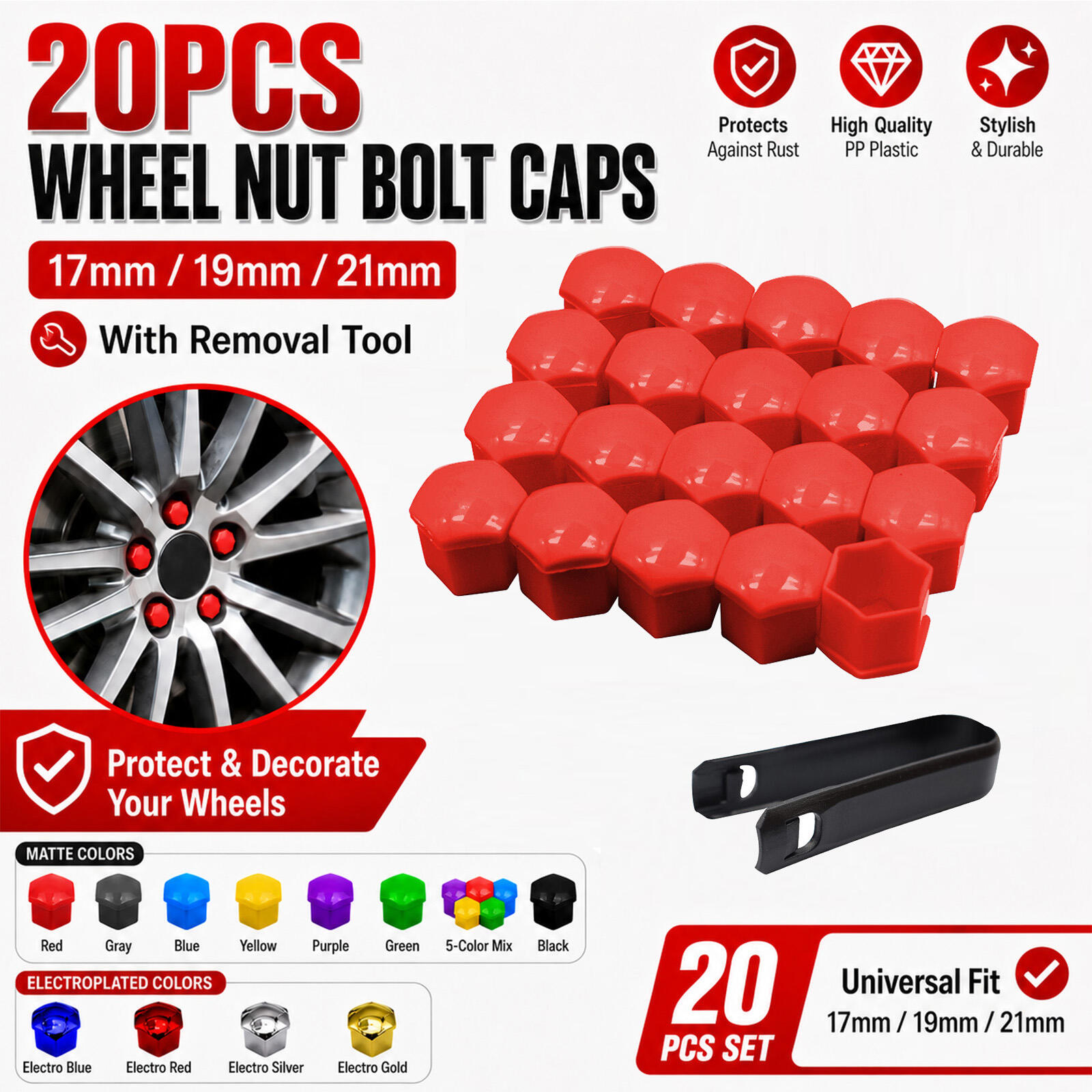 20Pcs 17/19/21mm Car Wheel Bolt Covers Caps Decoration Rim Protector Set Covers with Removal Tool Set for Cars Giá 59,429 Đồng*Miễn phí vận chuyển