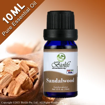 Biolife Sandalwood, 100% Pure Aromatherapy Natural Organic Essential Oil, 10ml Bottle, suitable use for Diffuser, Humidifier, Massage, Skin Care