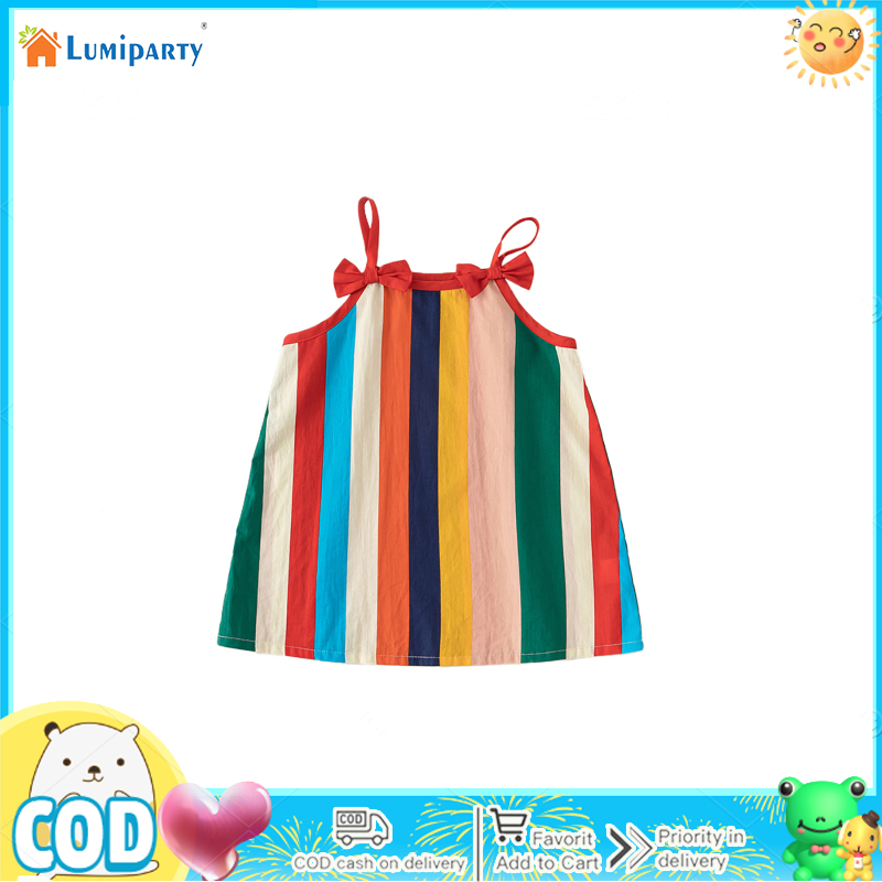 Cotton Little Girl Slip Dress Bowknot Rainbow Vertical Stripe Dress Sleeveless Sundress Playwear Dress ราคา 155 บาท*ส่งฟรี
