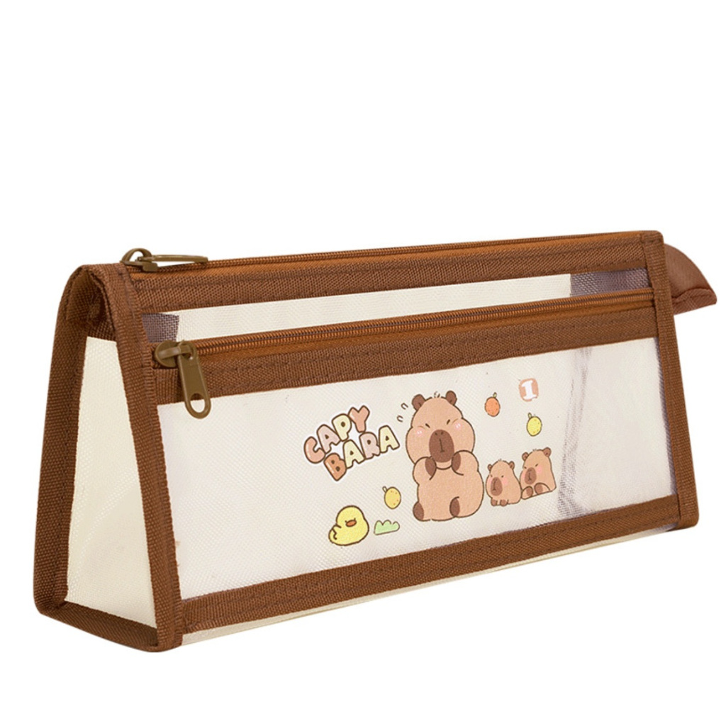 KEKINIAN TP90 Pouch Tempat Pensil Jaring Transparan Capybara Double Layer Large Capacity Zipper Pencil Case Cosmetic Bag