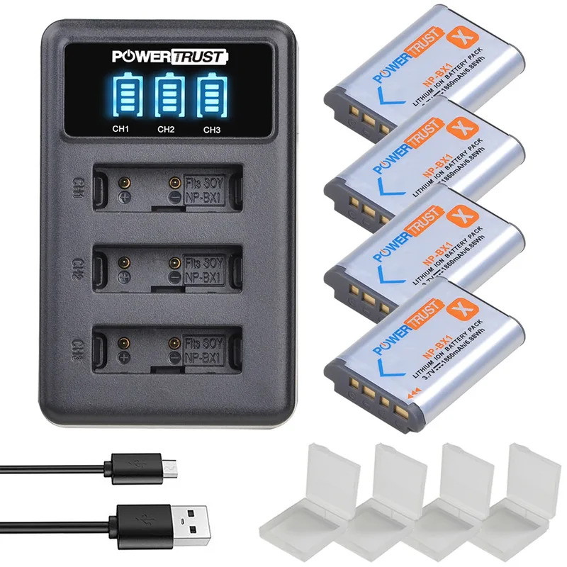 Brand new PowerTrust NP-BX1  NP-BX1 Battery and LED 3Slots Charger for Sony NP-BX1 HDR-AS200V HDR-AS