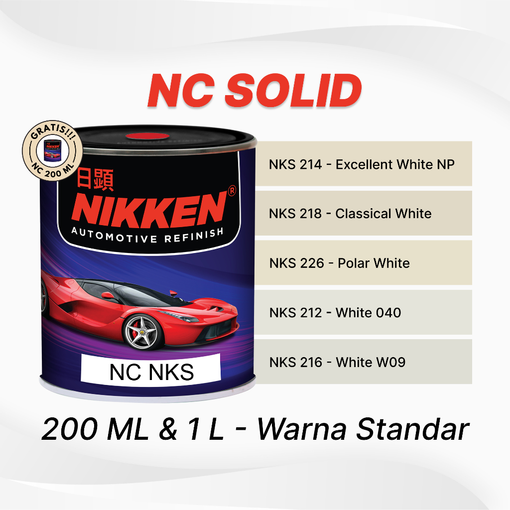 NIKKEN NKS NC Solid Color - Warna Standar - Cat Duco Mobil Motor Kayu Besi - Excellent White NP / Classical White / Polar White / White 040 / White W09 Giá 24,200 Đồng*Miễn phí vận chuyển