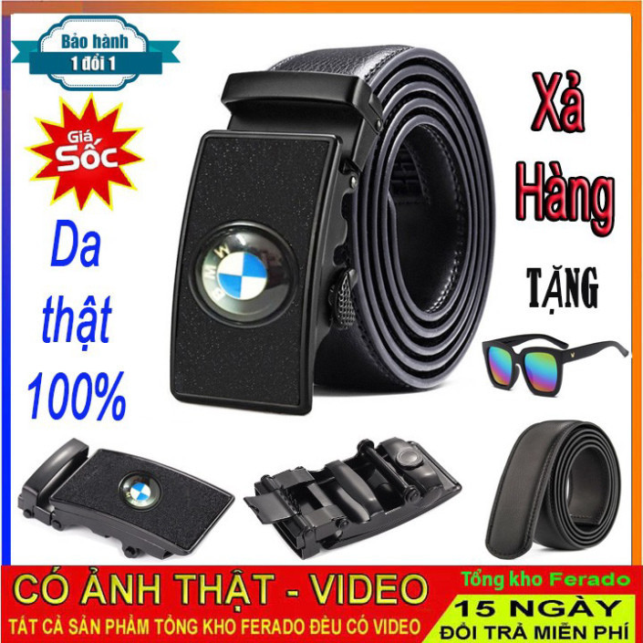 COMBO Thắt lưng nam da thật tặng kính râm 7 màu, Dây lưng cho nam da xịn mặt hợp kim thép không rỉ dây nịt đen FERADO