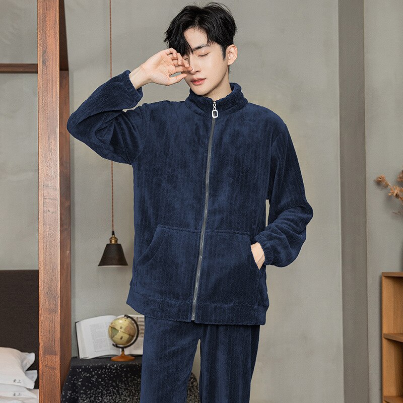 Người Đàn Ông nỉ ấm áp Mùa Thu đồ ngủ mùa đông Lần Lượt cổ áo nhồi lông Dài Tay Quần Bộ đồ hai mảnh dáng rộng thoải mái Ngủ Phòng Chờ Bộ
