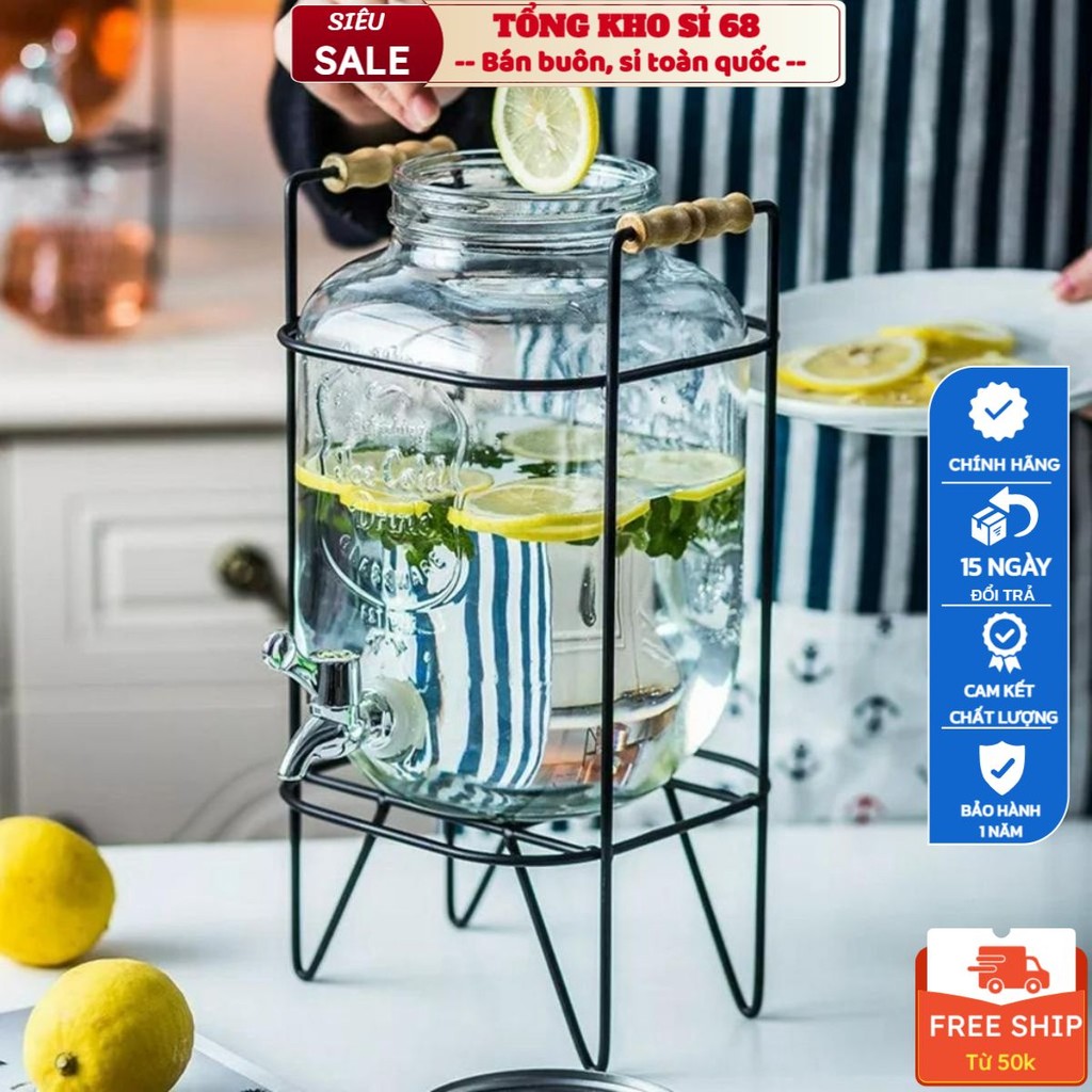 Bình Đựng Nước Để Tủ Lạnh Thuỷ Tinh 4L Có Vòi Vặn Tiện Lợi Kèm Kệ Xinh Xắn, Bình 4L Mix Nước Hoa Quả