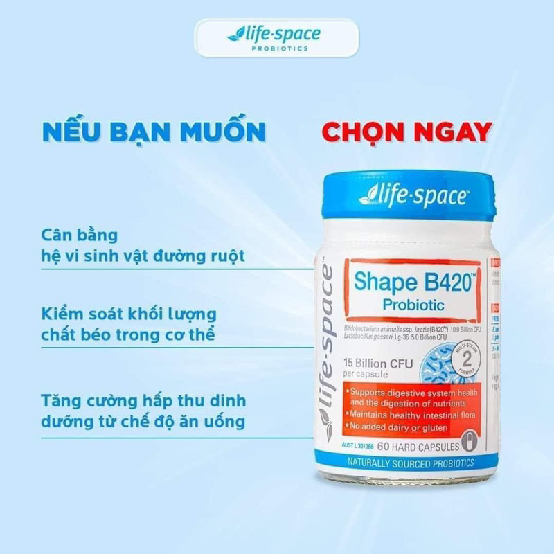 Men Life Space Shape B420 Men vi sinh hỗ trợ đường ruột và kiểm soát cân nặng 15 tỷ lợi khuẩn 60viên