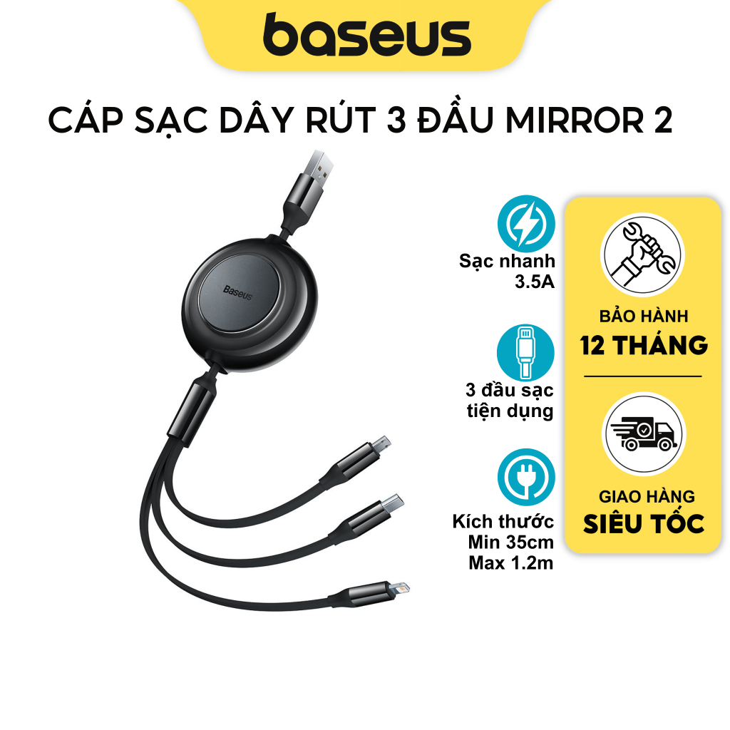 Dây cáp sạc 3 in 1 Baseus Bright Mirror 2, Cáp đa năng 3 đầu dây rút dùng cho các dòng điện thoại smartphone