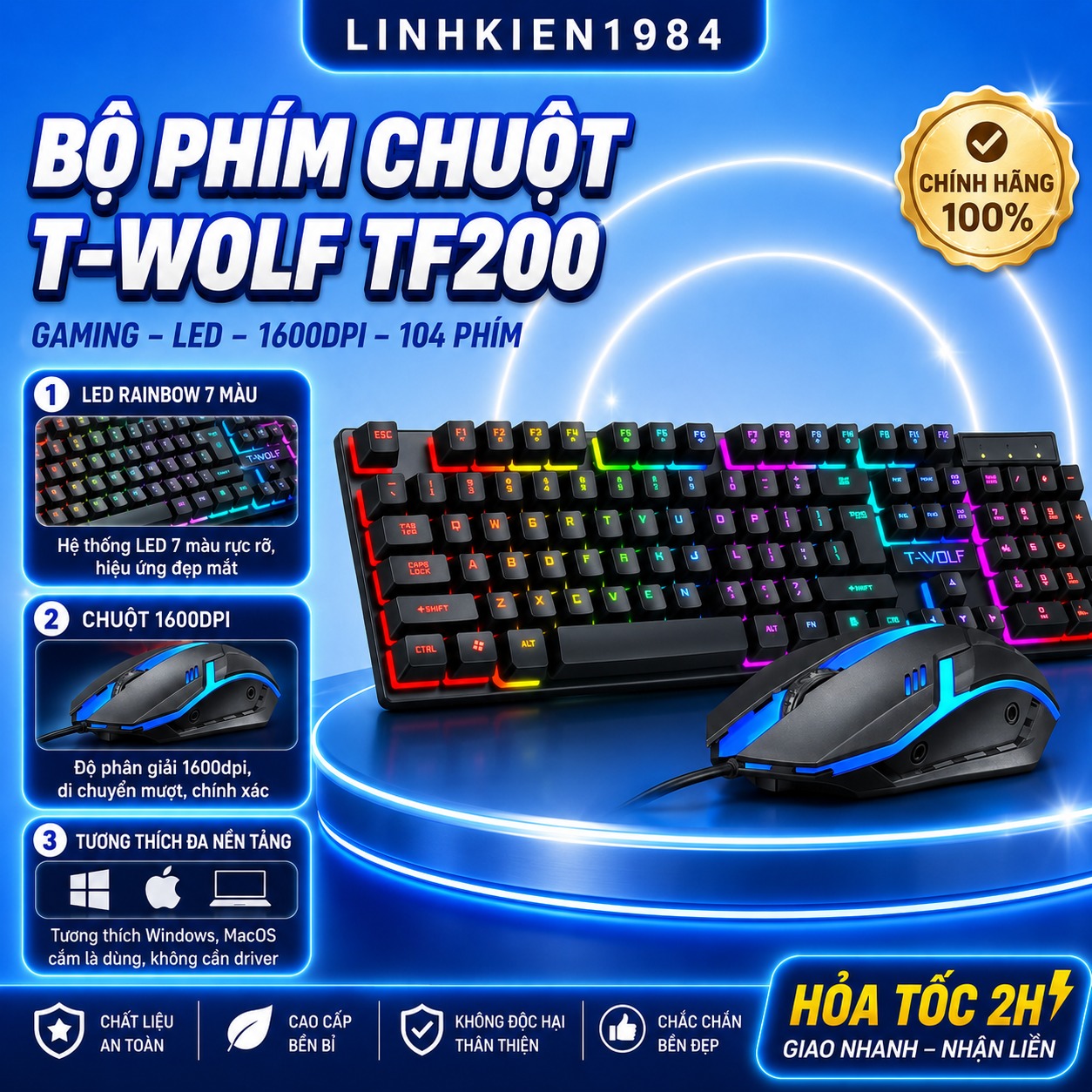 Bộ Phím Chuột T-Wolf TF200 Gaming LED RGB USB 1600DPI 104 Phím Giả Cơ Máy Tính PC Laptop