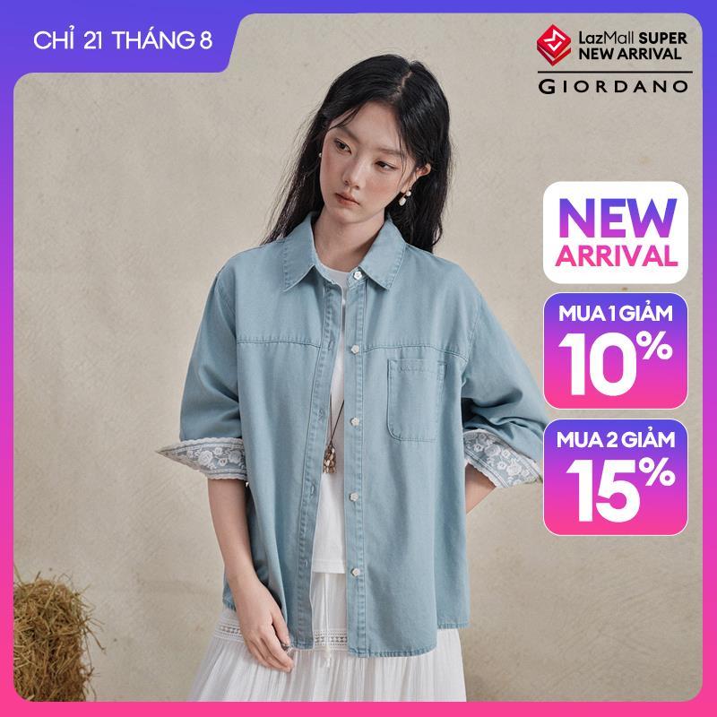 GIORDANO Women Shirts Lace-Lined Cuff Denim Shirts Floral Buttons Long Sleeve Fashionable Casual Loose Denim Shirts 18346519