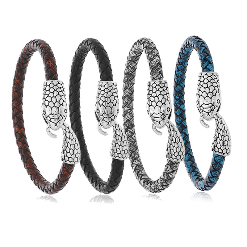 European and American Fashion Men's Cattle Leather Bracelet Carrying Strap Winding Snake Head Bracelet Hand-Woven Magnetic Buckle Leather Bracelet