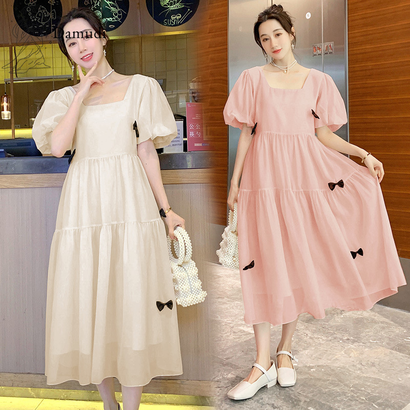 Damudi Maternity Dress Korean Style Plus Size 2023 Summer Chiffon Puff Sleeve French Square Collar Bow Pregnant Women Dress Fashion Elegant Loose Mid-length Maternity Dress Pregnant