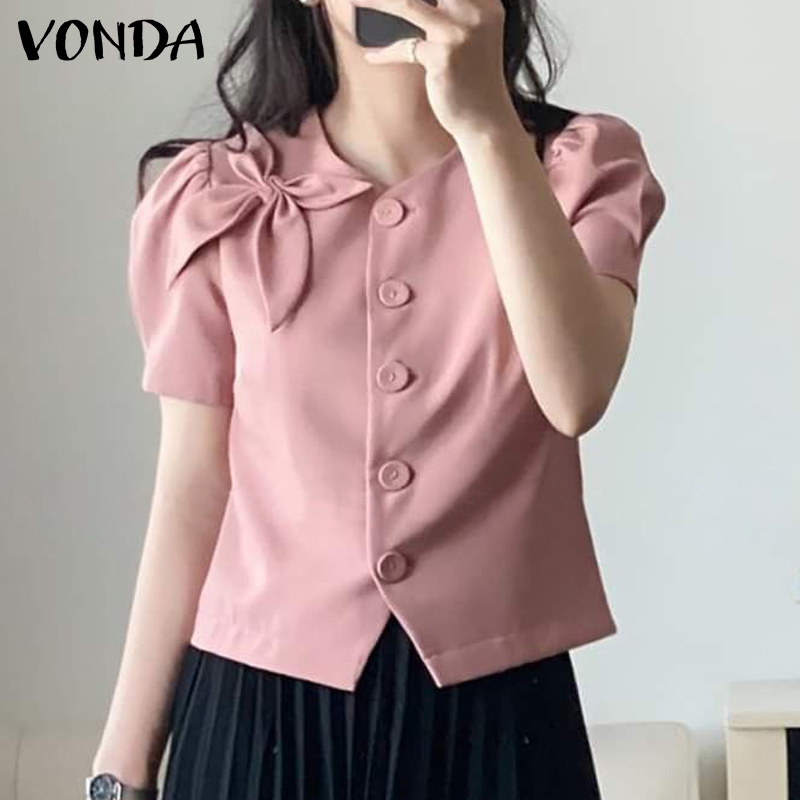 VONDA Womens Elegant Bowknot Decorate Puff Sleeve Blouses Temperament Button Short Sleeve Shirts (Korean Causal)