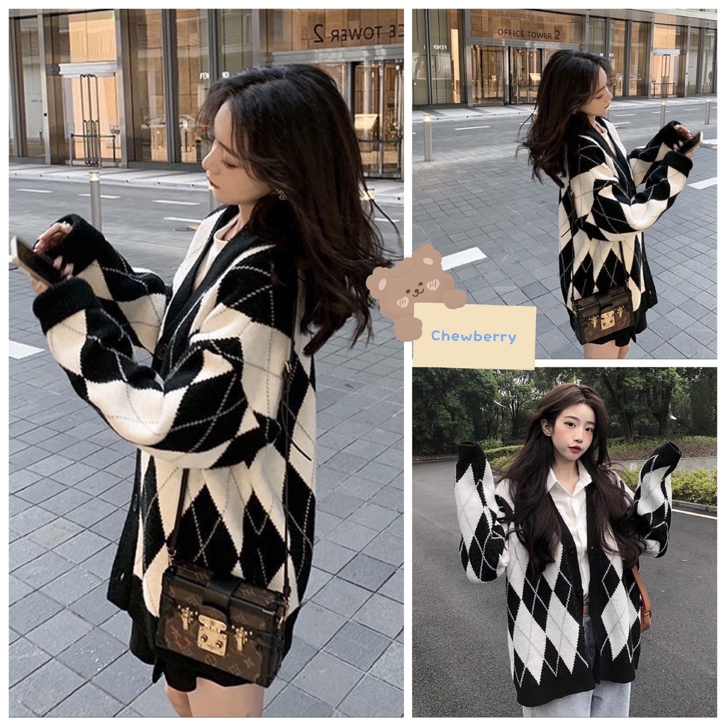 Áo Khoác Cardigan Kẻ Thoi Form Rộng Đen/ Hồng Chất Nỉ New