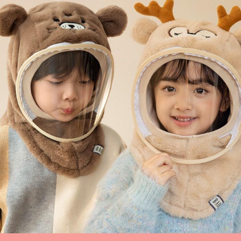 Mũ Len Lông Cừu Trùm Đầu Có Kính Chắn Gió Giữ Ấm Có Thể Tháo Rời, Nón Len Cho Bé Kèm Mặt Nạ Chống Gió Bụi