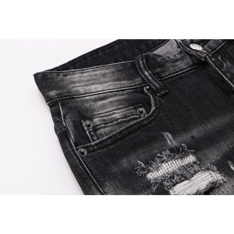 【A Popular】  Street Fashion Men Jeans Retro Black Gray Elastic Stretch Slim Fit Hole Ripped Jeans Men Patched Designer Hip Hop Brand Pants