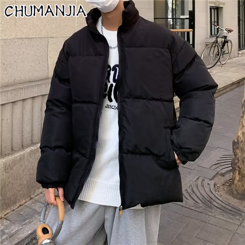 Chu Man Jia đơn giản dây kéo đứng cổ áo mùa đông Áo màu trơn rộng quần áo vải bông